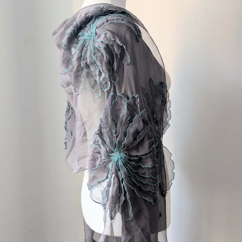 NWT BAYAA Gray Turquoise Silk Organza 3D Floral Evening Wrap Shawl Scarf